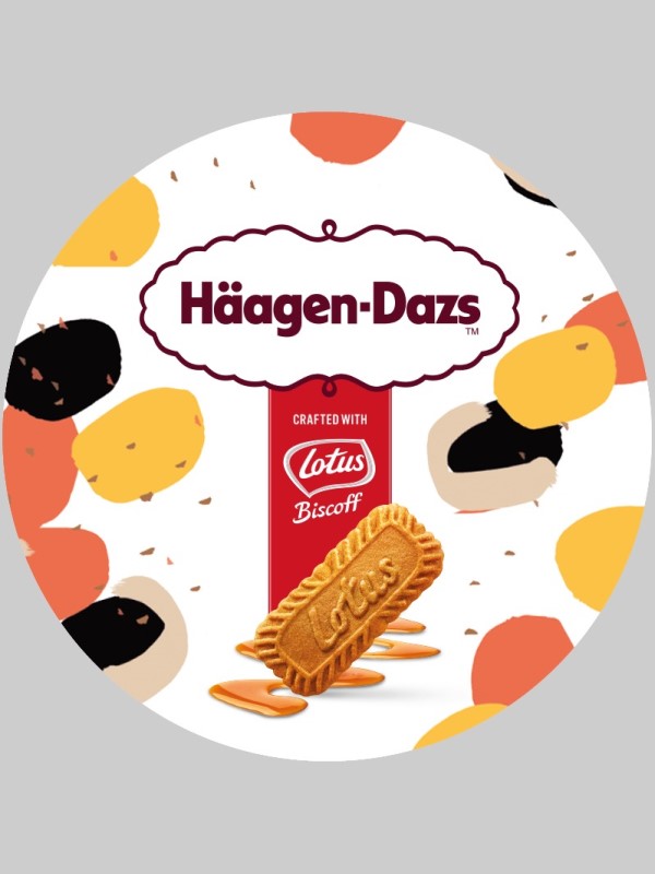 Haagen-Dazs logo and Lotus Biscoff logo placed one above the other depicting a collaboration between them.